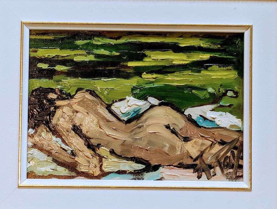 Colourful Oil Painting of "Isabelle" Sunbathing by Robert Roy, Quebec Art