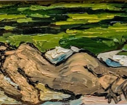 Robert Roy, Colourful Oil Painting of "Isabelle" Sunbathing - Quebec Art