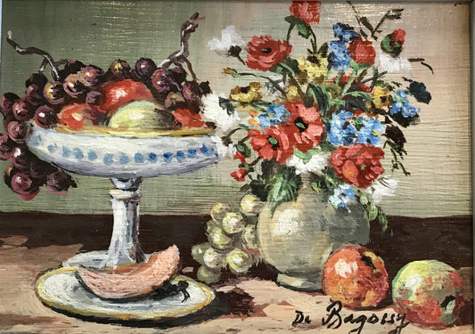 Paul A. De Bagossy, Collectible Mini Painting of Still Fruit and Flowers