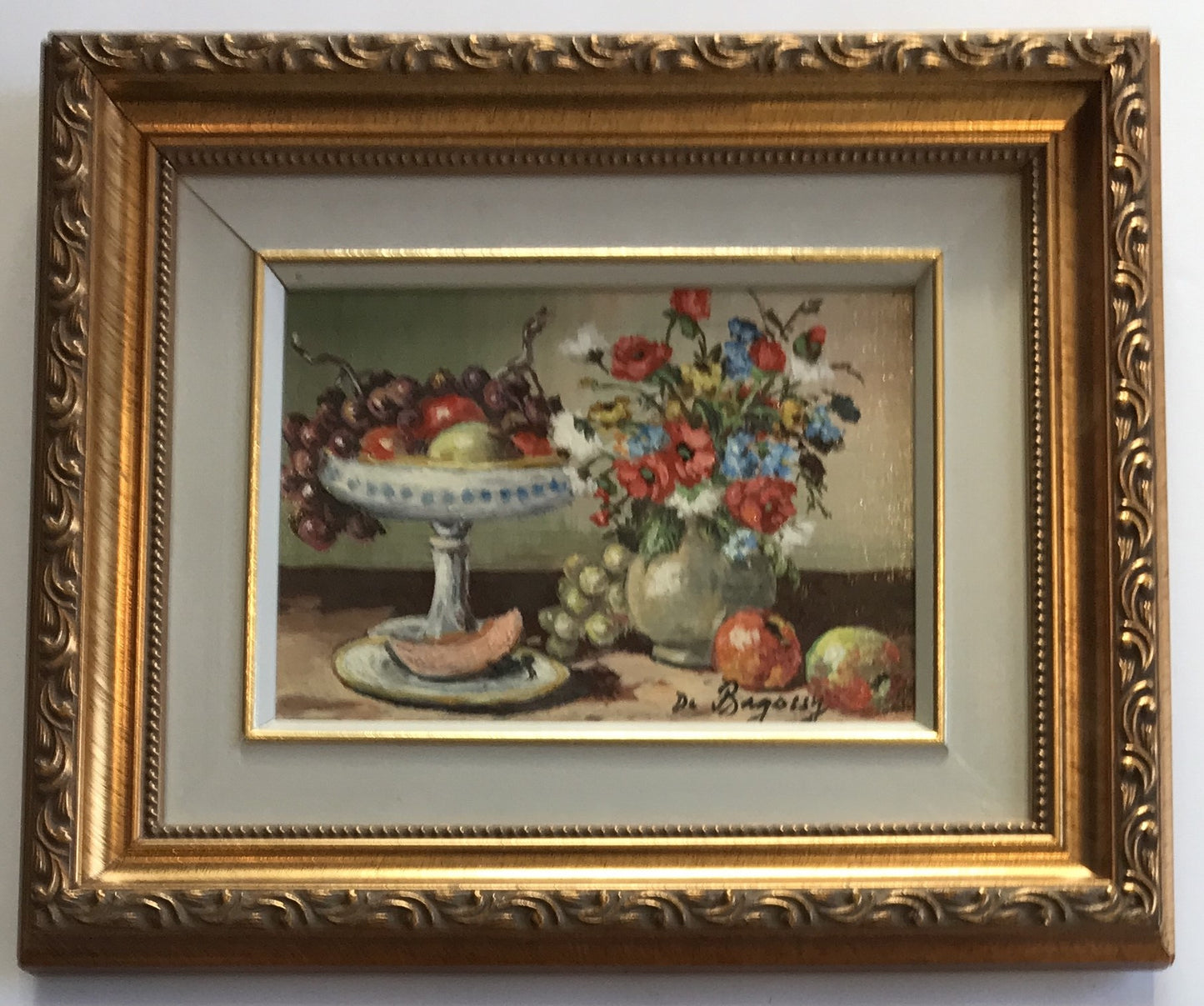 Paul A. De Bagossy, Collectible Mini Painting of Still Fruit and Flowers