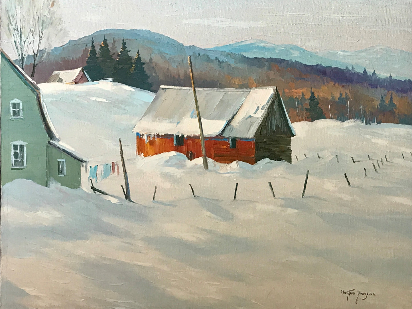 Christian Bergeron Oil Painting of a Bright Winter Day, Quebec Art