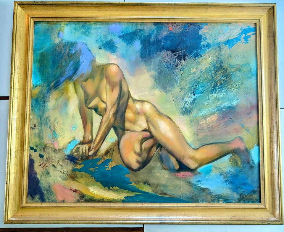 Laurent Bonet, Oil Painting Large Nude Female on Board, Museum Quality frame, Quebec Vintage Art