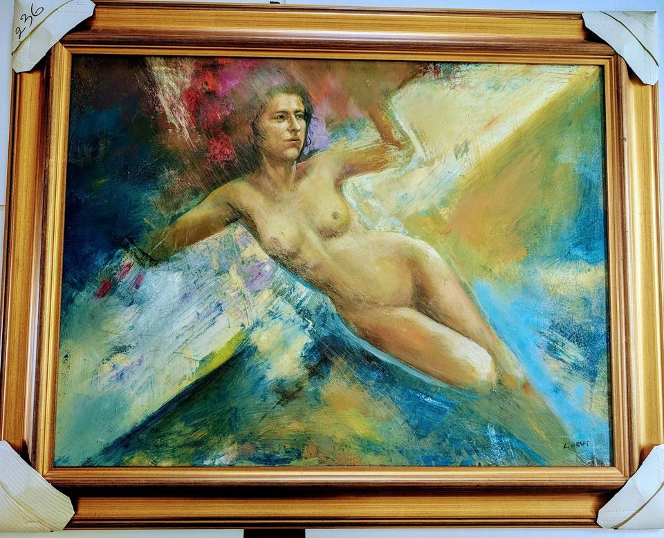 Laurent Bonet, Oil Painting Large Nude Female on Board, Museum Quality frame, Quebec Vintage Art