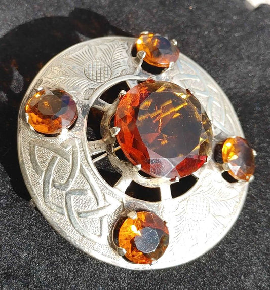 VTG Scottish Pin with 5 Orange Crystals And Thistle Pattern