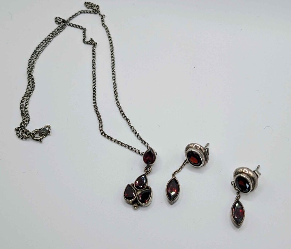 VTG Sterling and Garnet drop Crystal Necklace and matching earrings