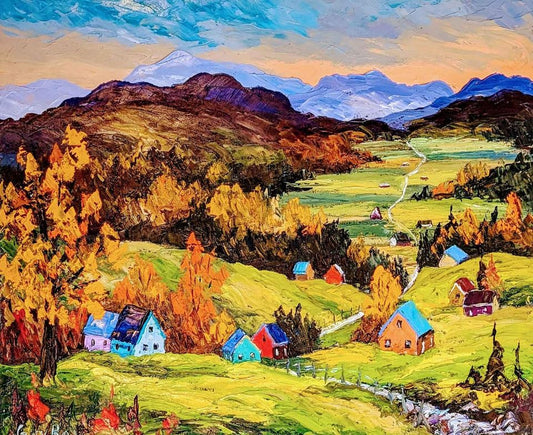 Guy Roy, Lg Colourful Oil Painting of Rural Mountainside at Sunset - Quebec Art