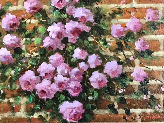 Mostafa Keyhani Oil Painting of Pink Flowers on Brick Wall