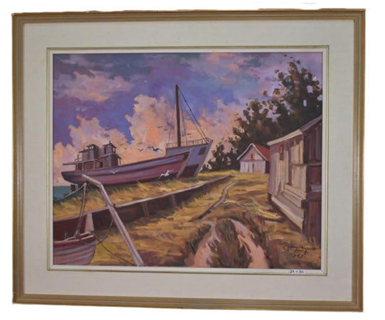 Claude Langevin original oil painting fishing boats