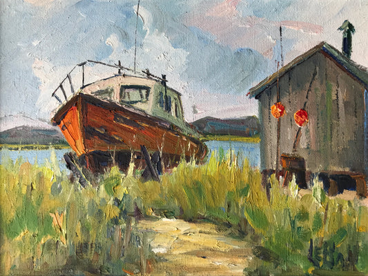 Maurice Lebon Original Oil Painting Fishing Boat in Rural Quebec