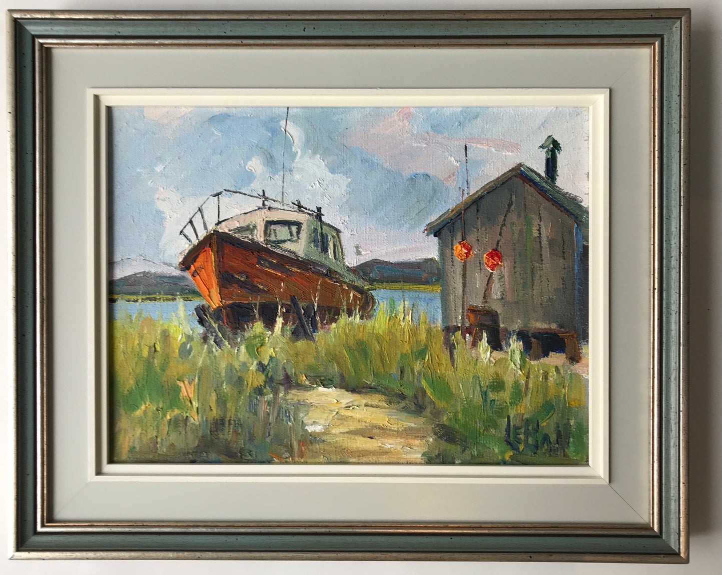 Maurice Lebon Original Oil Painting Fishing Boat in Rural Quebec