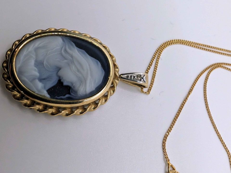 Vintage Italian 10k gold & Diamond Necklace; Mother and Child Cameo on black agate - Rare Find!