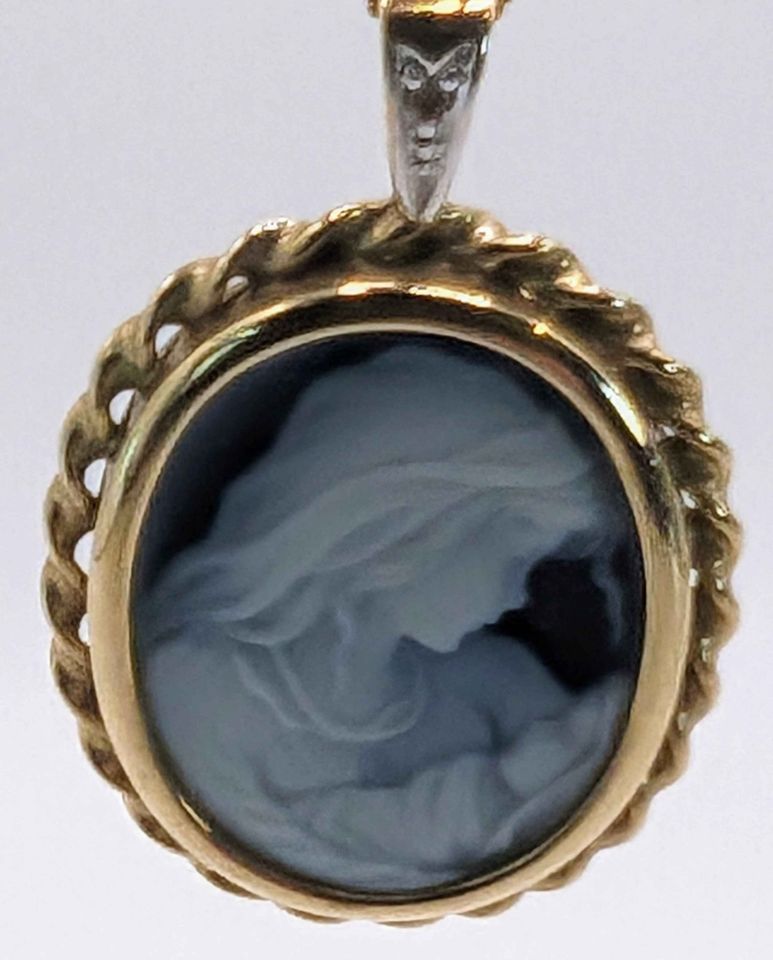 Vintage Italian 10k gold & Diamond Necklace; Mother and Child Cameo on black agate - Rare Find!