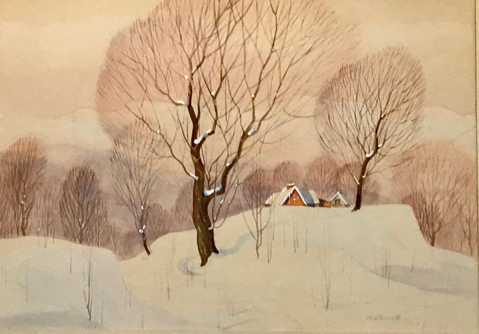 Graham Noble Norwell, Original Watercolour Painting of Winter Cabin in the Trees