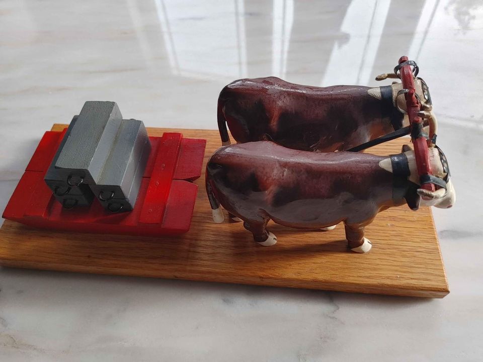 Lunenburg Foundry collectible with wood metal , Oxen Pulling Sled