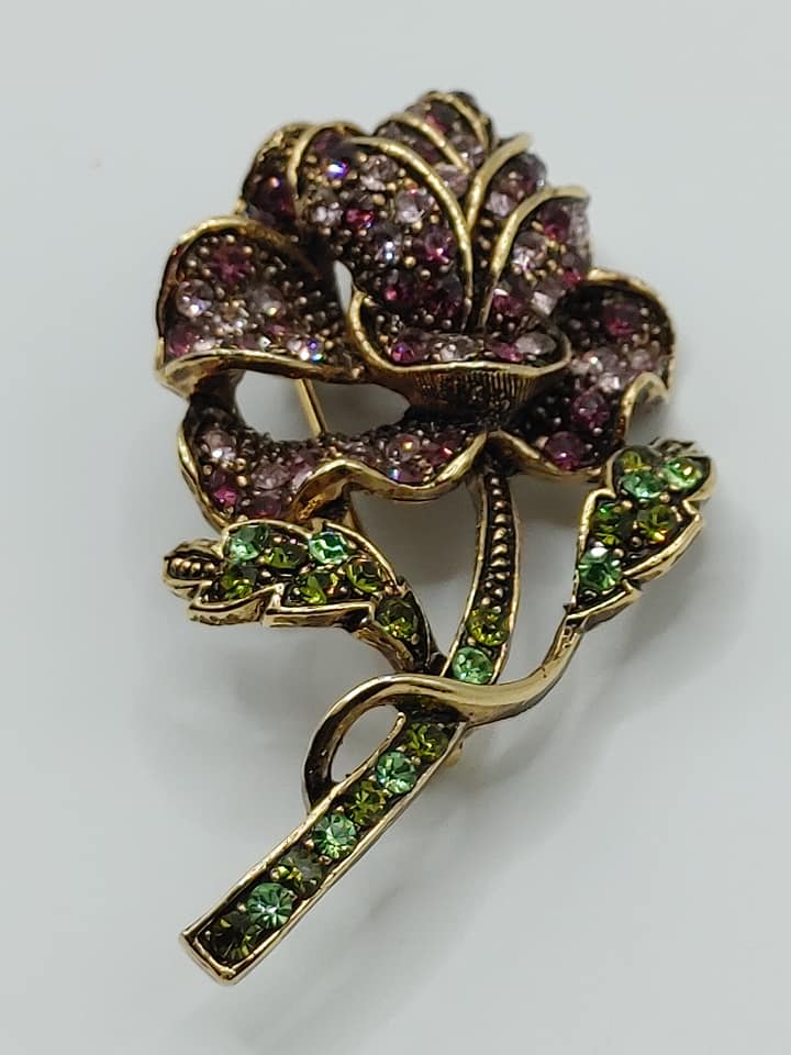 VTG Rose Flower Brooch with pink and green crystals