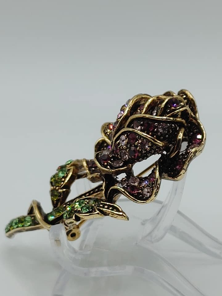 VTG Rose Flower Brooch with pink and green crystals