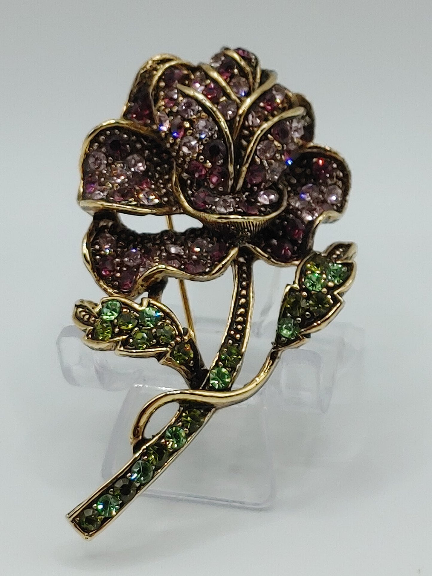 VTG Rose Flower Brooch with pink and green crystals