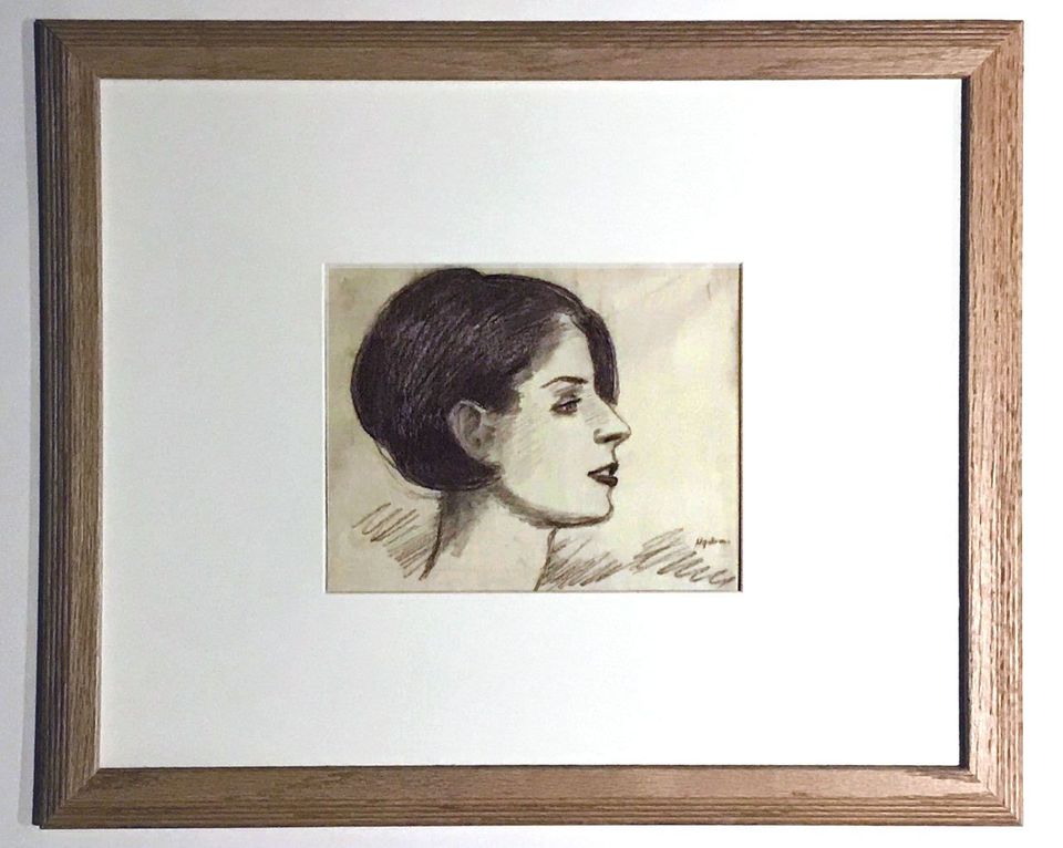 Robert Stewart Hyndman Framed Charcoal Sketch of female profile