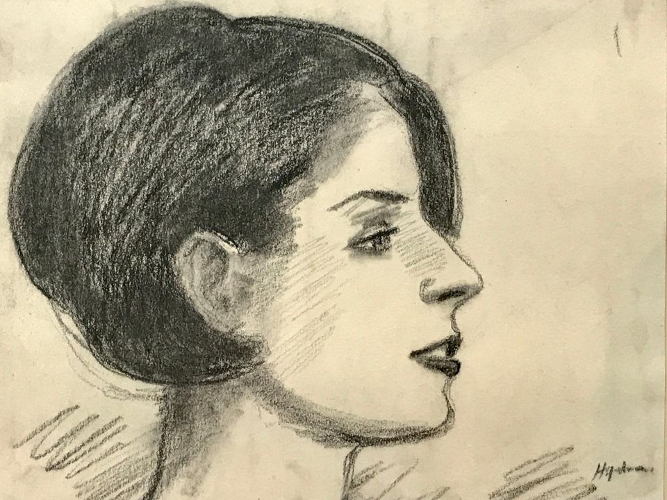 Robert Stewart Hyndman Framed Charcoal Sketch of female profile