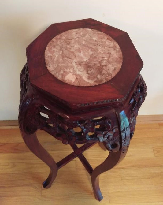 VTG Plant Stand, Carved Wood with Marble top