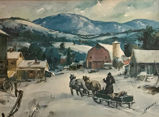 James Milton Sessions, Large Watercolour Painting , "Vermont Farm"