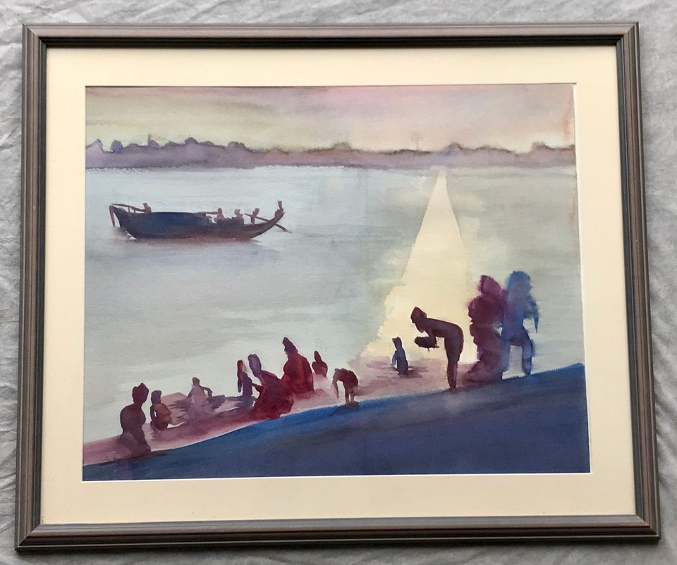 Watercolour Painting of Bathers at the Shoreline