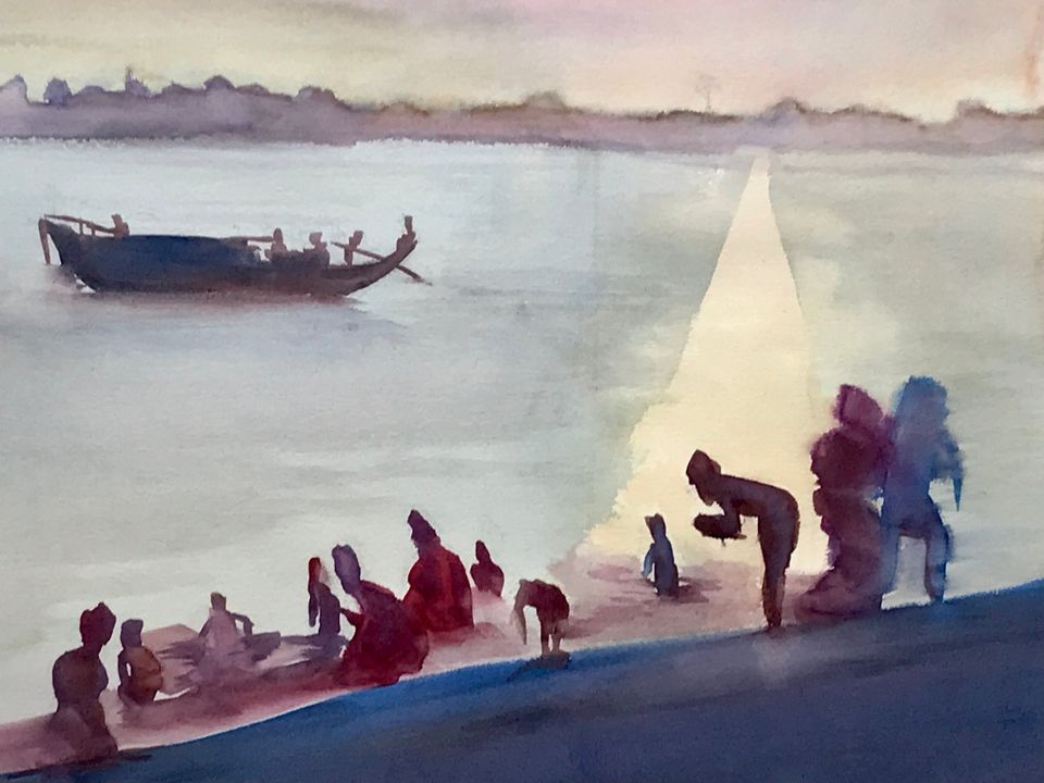 Watercolour Painting of Bathers at the Shoreline