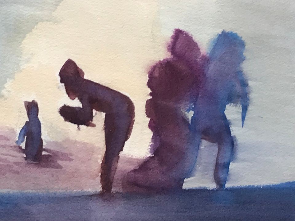 Watercolour Painting of Bathers at the Shoreline