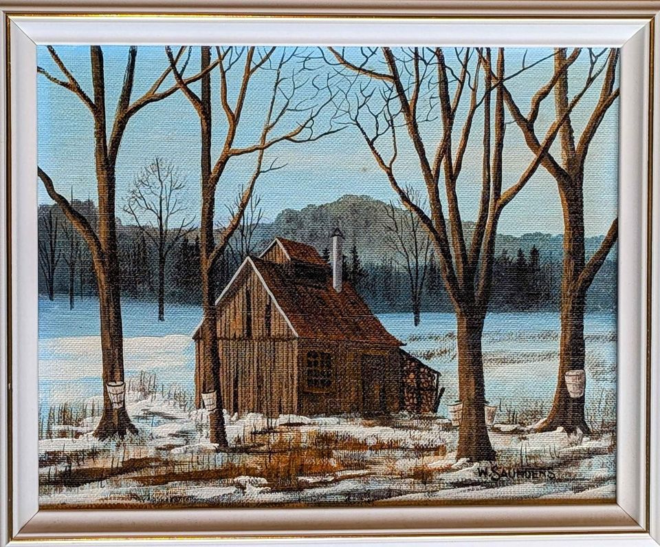 William Saunders original painting of Sugar Shack in Winter - Canadian Art