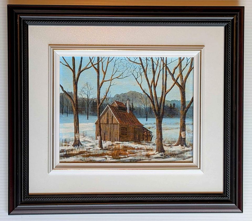 William Saunders original painting of Sugar Shack in Winter - Canadian Art