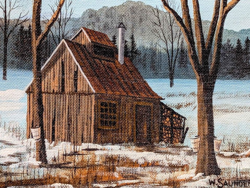 William Saunders original painting of Sugar Shack in Winter - Canadian Art