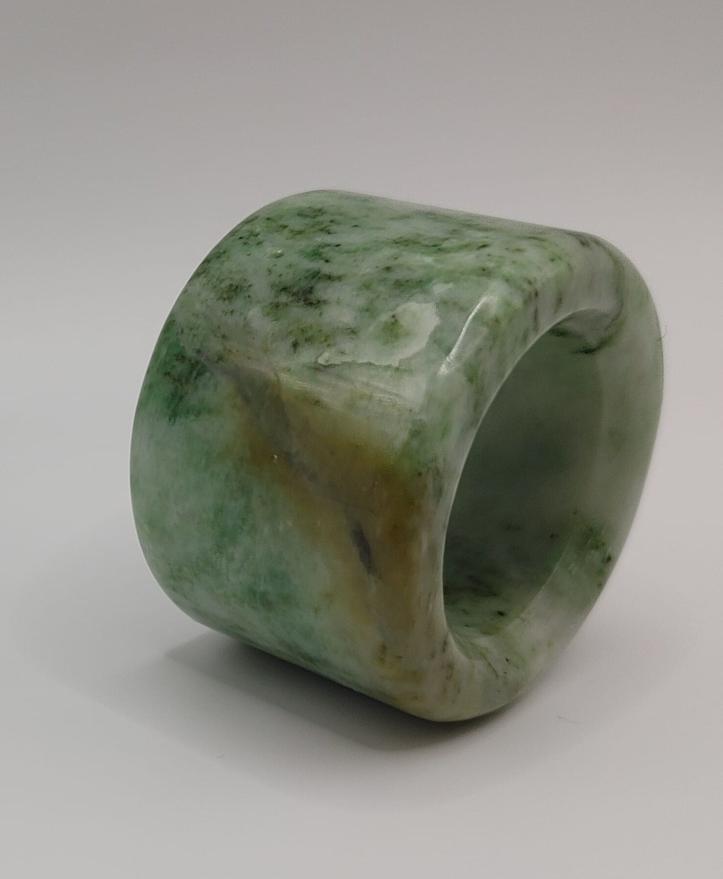 Vintage Chic! Chinese Apple-green & White Jade Archer's Thumb Ring, Size 13.25